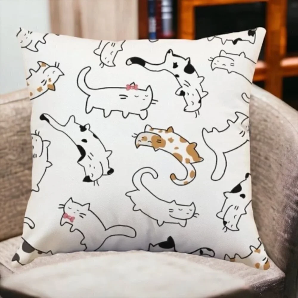 Pillow Cover Cat Print Zip Close Large Square White Tan Black Multicolor 17.7 in